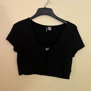 Black Ribbed Crop Top w metal butterfly detail size Large